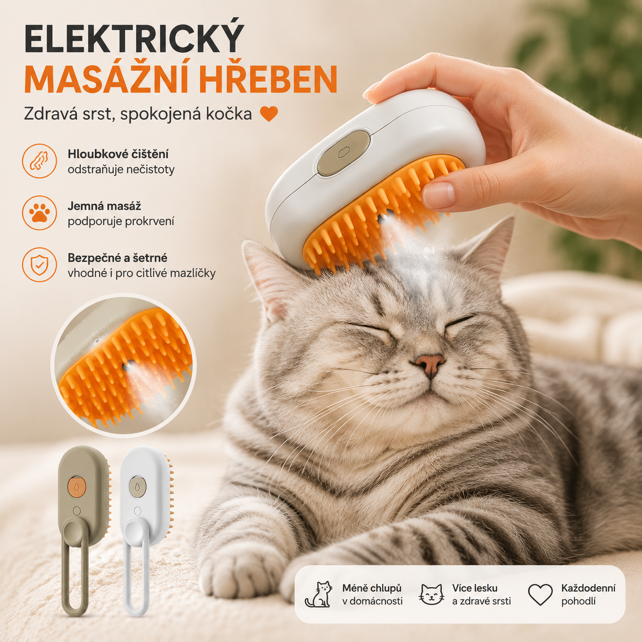 Elektrický parní kartáč 3v1 – česání, čištění a péče pro psy a kočky