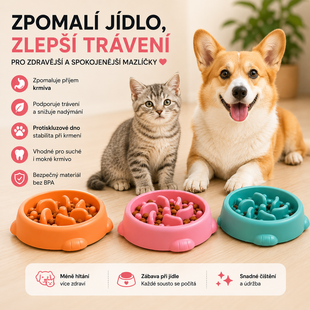 Protihltací miska pro psy a kočky – zpomalí krmení, ochrání zdraví