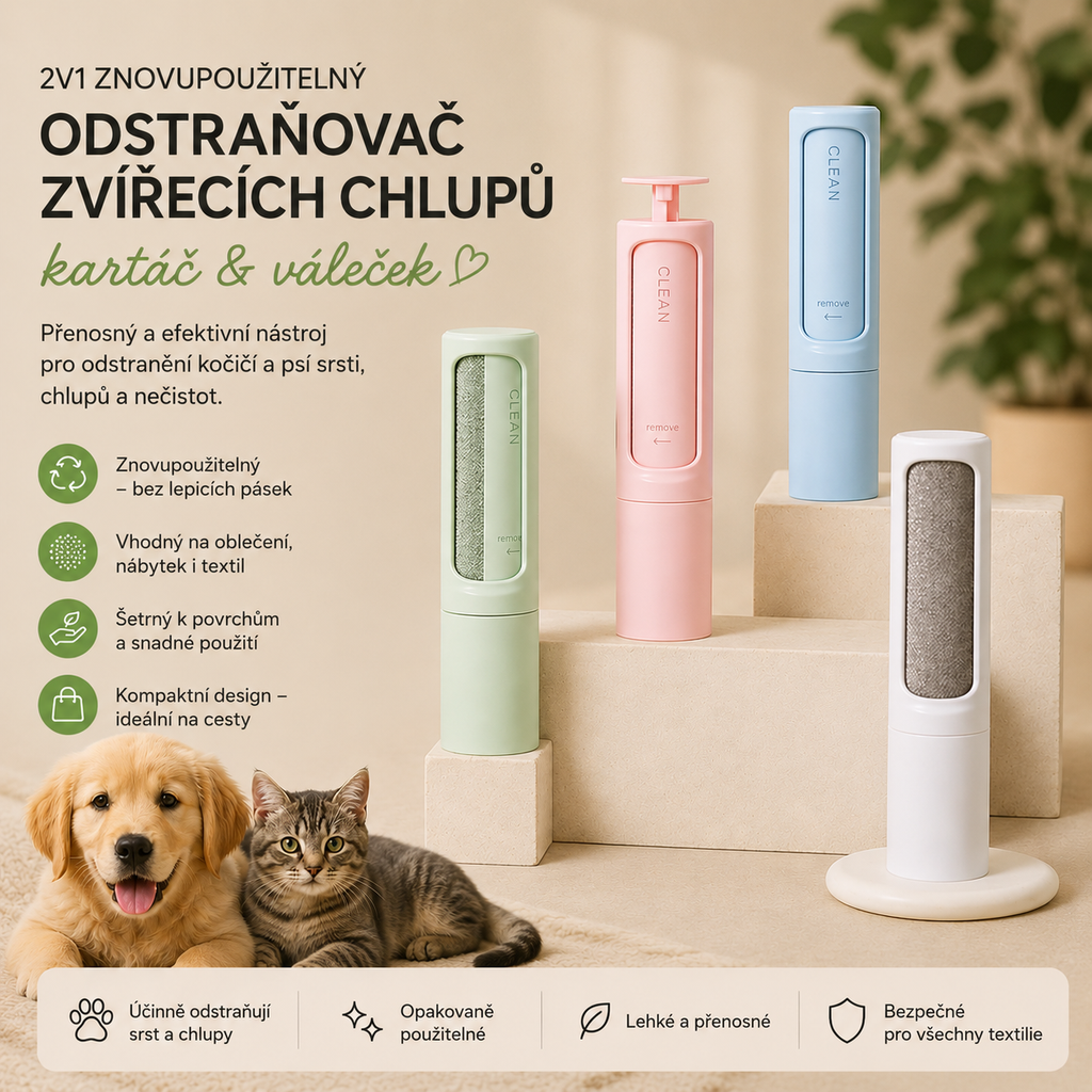 2v1 znovupoužitelný odstraňovač zvířecích chlupů – přenosný a efektivní
